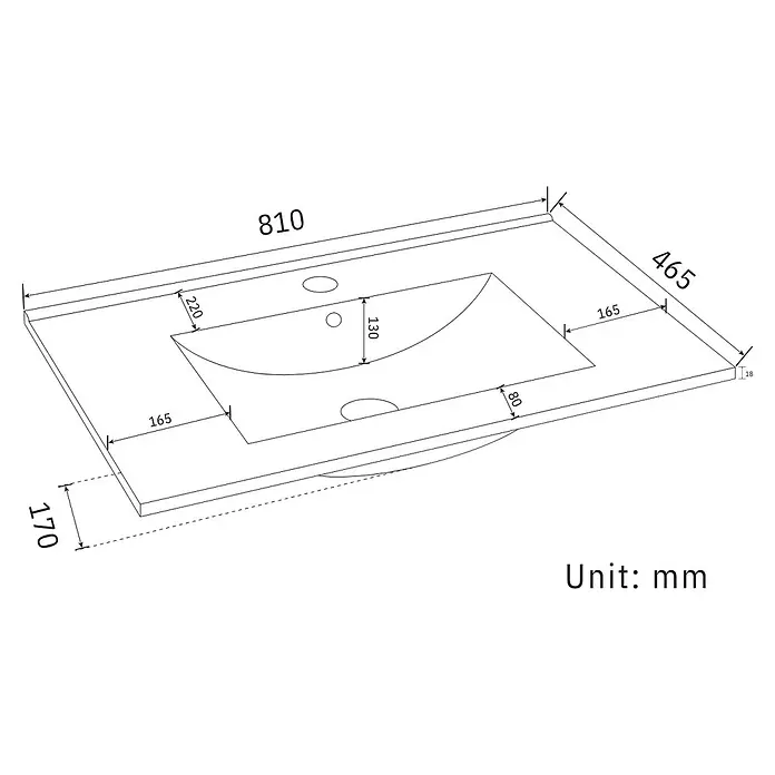 LOMAZOO Badmöbel-Set LM-MAR-WE-WZ-80 - Gesamtbreite Badmöbel: 80 cm, Warme Eiche - Technische Zeichnung einer Badezimmer-Waschtischplatte mit integriertem Waschbecken, 810x465 mm, mit Maßen in Millimetern.