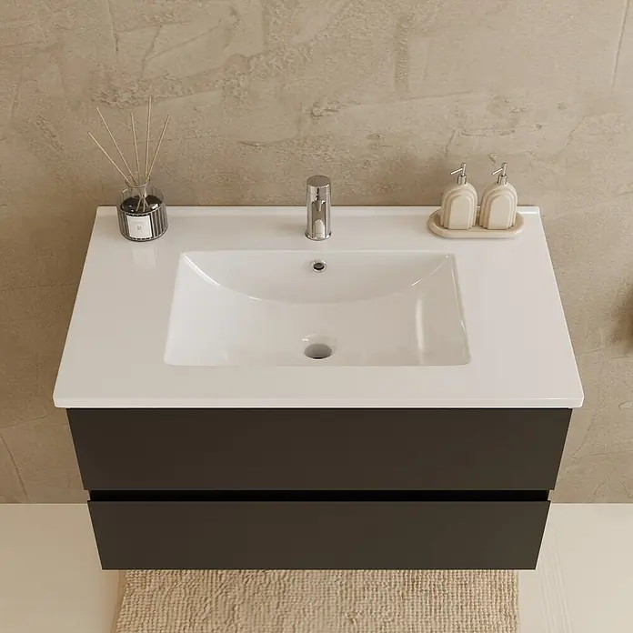 LOMAZOO Badmöbel-Set LM-VER-MZ-WW-80 - Gesamtbreite Badmöbel: 35 cm, Mattschwarz - Wandhängender Badunterschrank mit dunkelgrauem Korpus und weißem integriertem Waschbecken, inklusive Wasserhahn und Accessoires.