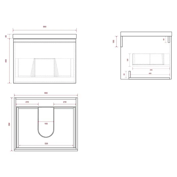 LOMAZOO Badmöbel-Set SOR-BE-WW-60 - Gesamtbreite Badmöbel: 60 cm, Greige (Graubeige) - Technische Zeichnungen eines Badunterschranks, mit verschiedenen Ansichten, Maßen und internen Strukturen für ein Waschbecken.