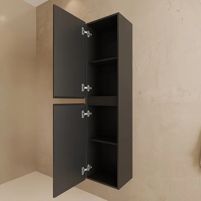 LOMAZOO Badmöbel-Set LM-VER-MZ-WW-100 - Gesamtbreite Badmöbel: 100 cm, Mattschwarz - Hoher, dunkelgrauer Badschrank mit zwei geöffneten Türen und Regalböden.