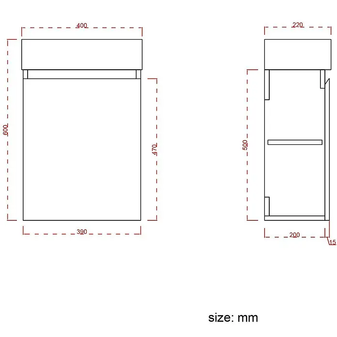 LOMAZOO Badmöbel-Set F01-1247-W - Gesamtbreite Badmöbel: 40 cm, Helles Eichenholz - Technische Zeichnung eines rechteckigen Schranks mit oberem Fach, Maße 600x400x220mm.