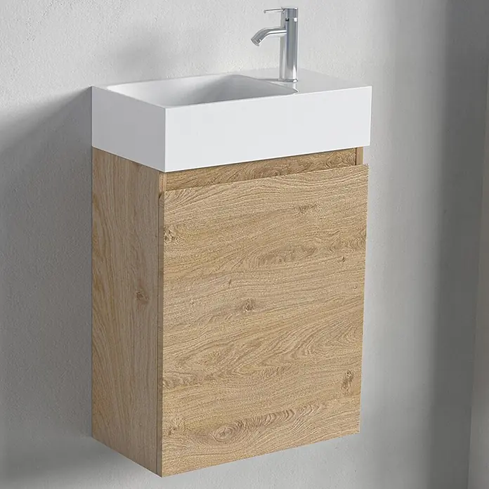 LOMAZOO Badmöbel-Set F01-1247-W - Gesamtbreite Badmöbel: 40 cm, Helles Eichenholz - Wandmontierter Badwaschtisch mit weißem Keramikbecken, Chromarmatur und hellem Holzschrank.