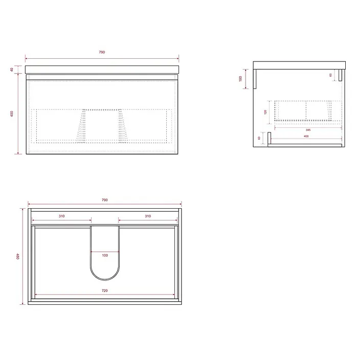 LOMAZOO Badmöbel-Set SOR-BE-WZ-80 - Gesamtbreite Badmöbel: 80 cm, Greige (Graubeige) - Technisches Zeichnung eines Badunterschranks mit Sanitär-Aussparungen und Gesamtabmessungen.