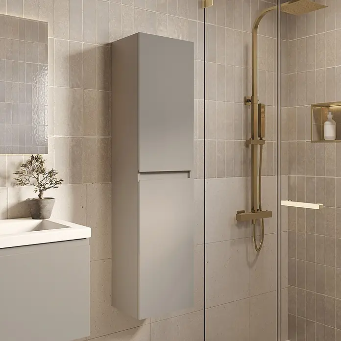 LOMAZOO Badmöbel-Set SOR-BE-WW-100 - Gesamtbreite Badmöbel: 100 cm, Greige (Graubeige) - Hoher, mattgrauer Bad-Säulenschrank für vertikalen Stauraum in einem modernen Badezimmer.