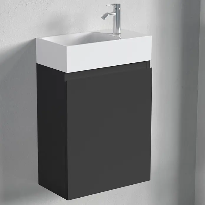 LOMAZOO Badmöbel-Set F01-MZ-W - Gesamtbreite Badmöbel: 40 cm, Mattschwarz - Wandhängender Waschtischunterschrank mit dunkelgrauem Korpus und weißem, rechteckigem Waschbecken, mit Chromarmatur.