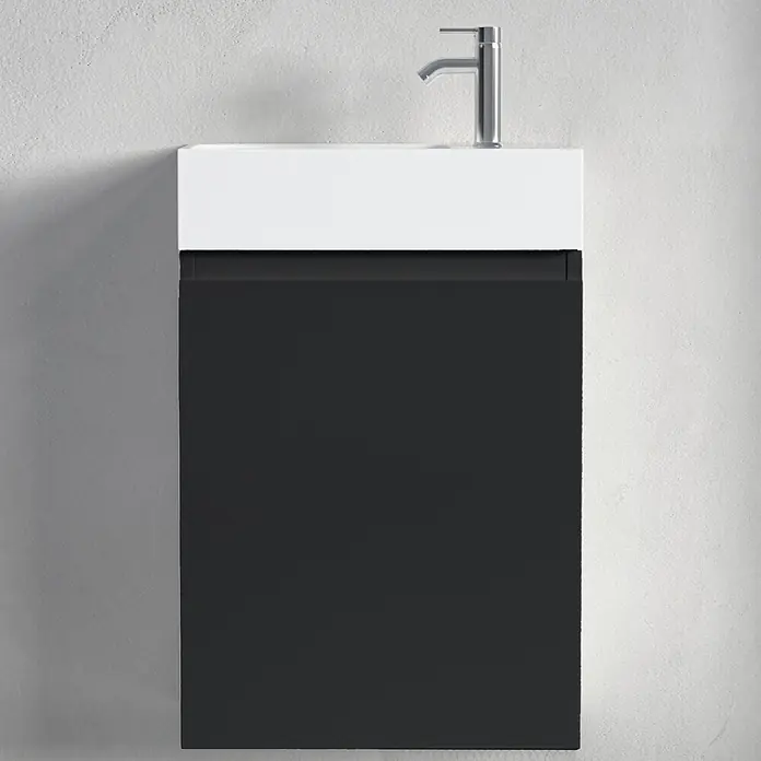 LOMAZOO Badmöbel-Set F01-MZ-W - Gesamtbreite Badmöbel: 40 cm, Mattschwarz - Wandhängender Waschtischunterschrank mit weißem Waschbecken, Chromarmatur und dunkelgrauem Schrank.