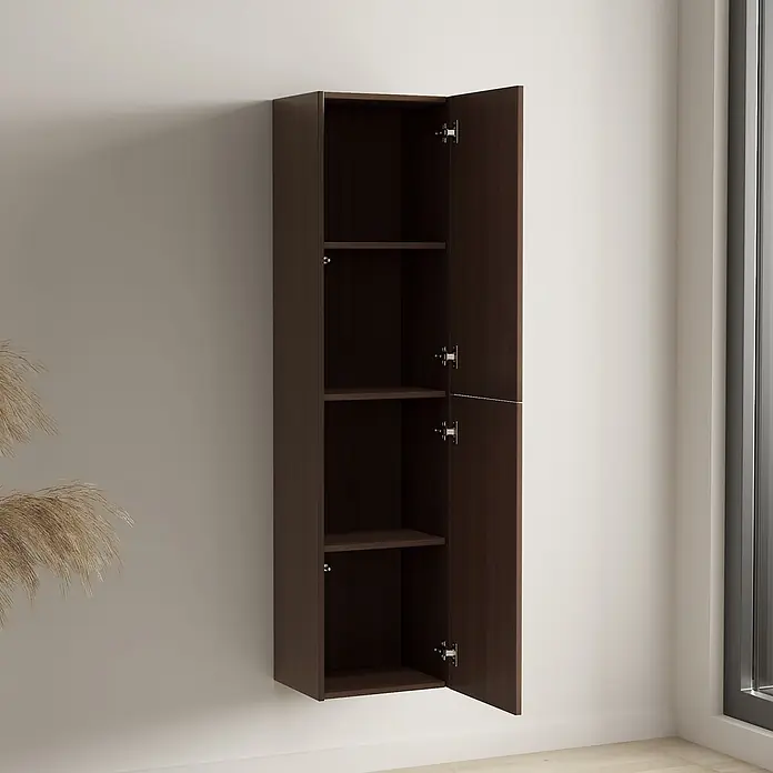 LOMAZOO Badmöbel-Set TRO-RIB-WW-100 - Gesamtbreite Badmöbel: 100 cm, Nussbaum - Hoher, dunkelbrauner Hängeschrank aus Holz mit geöffneten Türen und Einlegeböden.
