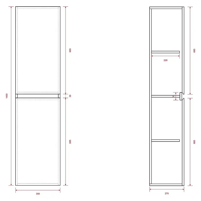 LOMAZOO Badmöbel-Set TRO-RIB-WW-100 - Gesamtbreite Badmöbel: 100 cm, Nussbaum - Technische Zeichnung eines hohen, schmalen Schranks (1400x350x270mm) mit mehreren Innenfächern zur organisierten Aufbewahrung.