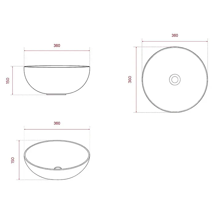 LOMAZOO Badmöbel-Set MES-RIB-WW-100 - Gesamtbreite Badmöbel: 100 cm, Nussbaum - Technisches Diagramm eines runden Beckens, 360mm Durchmesser und 150mm Höhe, von vorne, oben und isometrisch dargestellt.