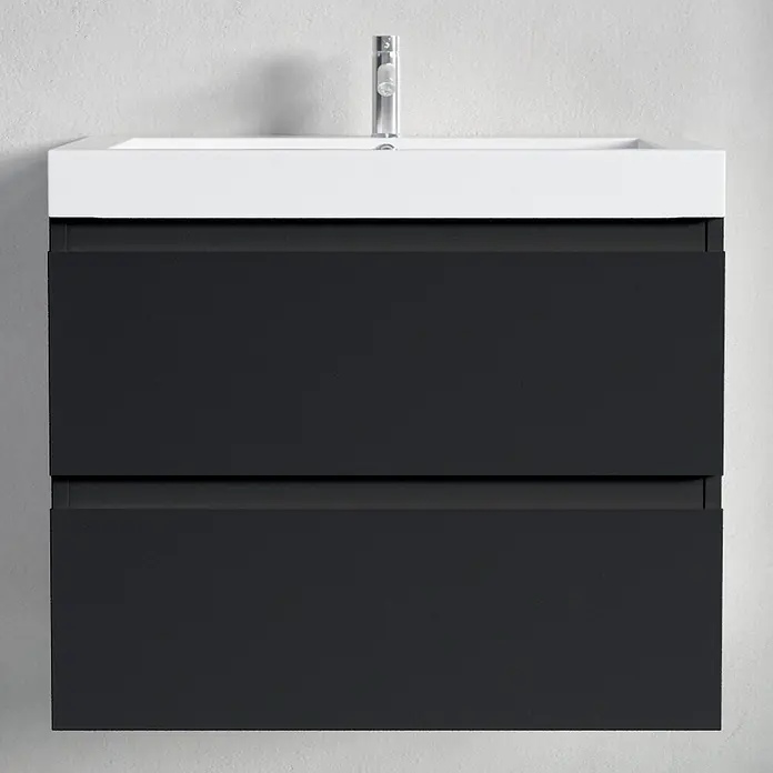 LOMAZOO Badmöbel-Set MON-MZ-WW-60 - Gesamtbreite Badmöbel: 60 cm, Mattschwarz - Dunkelgrauer wandhängender Waschtischunterschrank mit zwei Schubladen und integriertem weißen Waschbecken mit Chromarmatur.