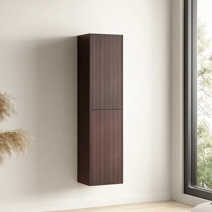 LOMAZOO Badmöbel-Set KOL01-RIB - Gesamtbreite Badmöbel: 35 cm, Glänzend weiß - Hoher, dunkelbrauner, geriffelter Wandschrank mit zwei Abschnitten.