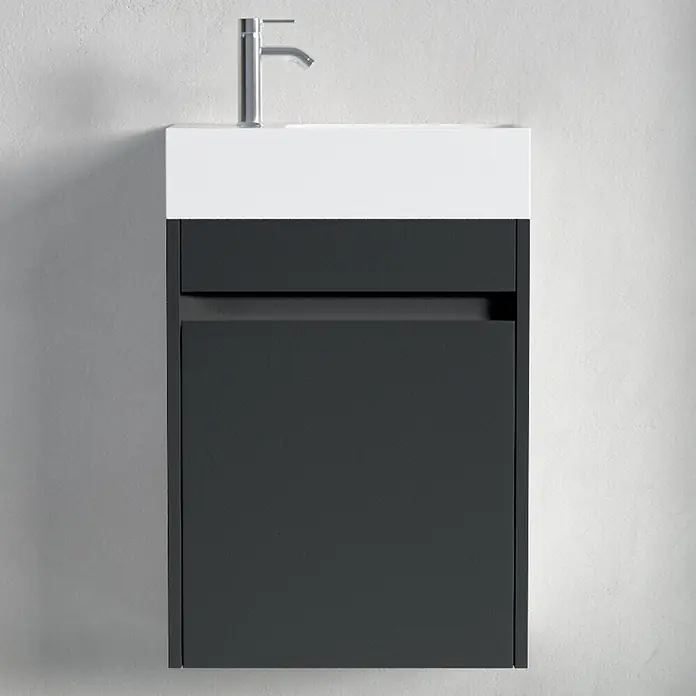 LOMAZOO Badmöbel-Set F02-MZ-W - Gesamtbreite Badmöbel: 40 cm, Mattschwarz - Wandhängender Badezimmerschrank mit weißem Keramikwaschbecken und anthrazitfarbenem Unterschrank mit zwei Schubladen, inklusive Chromarmatur.