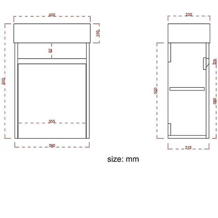 LOMAZOO Badmöbel-Set F02-30052-W - Gesamtbreite Badmöbel: 40 cm, Warme Eiche - Technisches Zeichnung eines schmalen Schranks mit Schublade und offenem Fach, ca. 600x400x220mm.