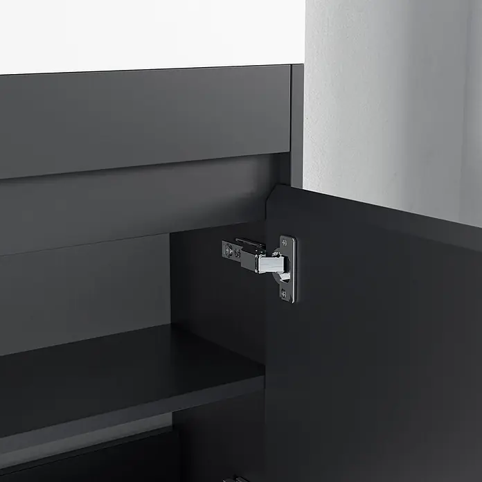 LOMAZOO Badmöbel-Set F02-MZ-W - Gesamtbreite Badmöbel: 40 cm, Mattschwarz - Dunkelgrauer Schrank mit offener Tür, der ein Innenregal und ein Chromscharnier zeigt.