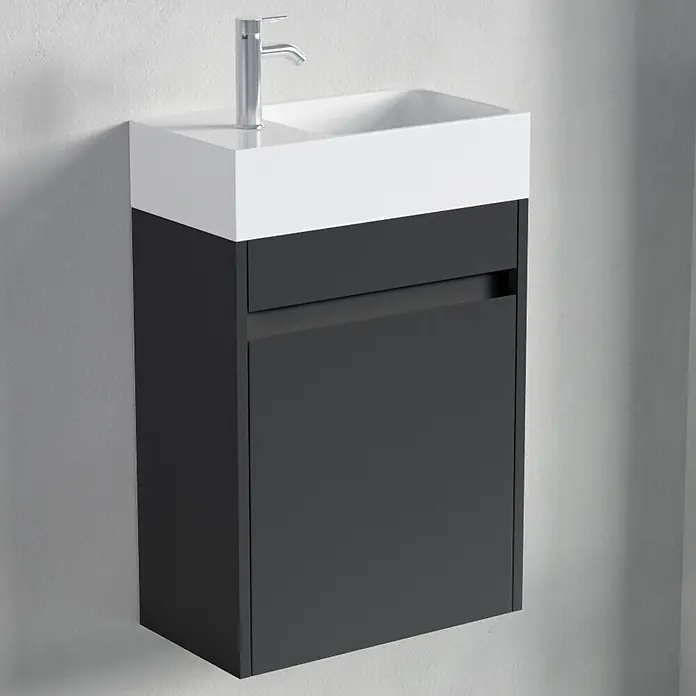 LOMAZOO Badmöbel-Set F02-MZ-W - Gesamtbreite Badmöbel: 40 cm, Mattschwarz - Wandhängender, dunkelgrauer Badezimmerschrank mit weißem Waschbecken und Chromarmatur.