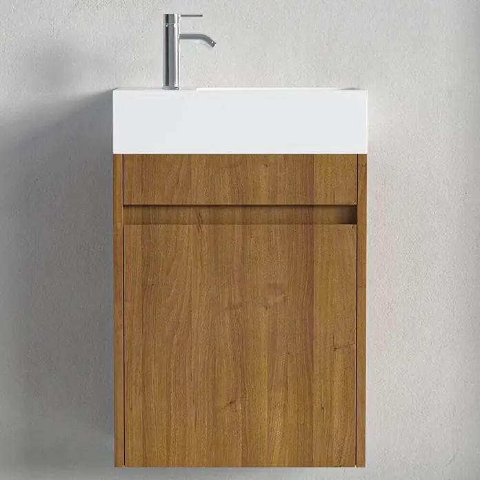 LOMAZOO Badmöbel-Set F02-30052-W - Gesamtbreite Badmöbel: 40 cm, Warme Eiche - Wandhängender Waschtisch mit weißem Becken und hellbraunem Holzschrank, ausgestattet mit einer Chromarmatur.