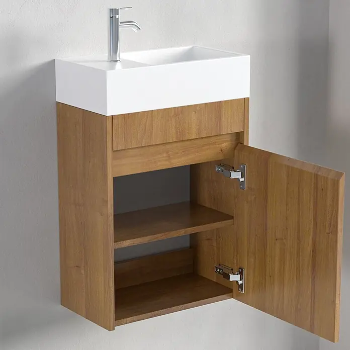 LOMAZOO Badmöbel-Set F02-30052-W - Gesamtbreite Badmöbel: 40 cm, Warme Eiche - Wandmontierter Waschtisch aus hellem Holz mit weißem Becken, Chromarmatur. Offene Tür zeigt zwei Regale.