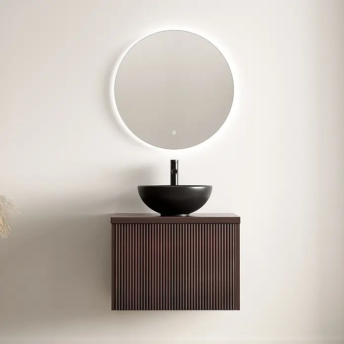 LOMAZOO Badmöbel-Set MES-RIB-WZ-60 - Gesamtbreite Badmöbel: 60 cm, Nussbaum - Wandhängender Waschtischunterschrank aus dunklem Holz mit schwarzer Aufsatzwaschschale und rundem beleuchtetem Spiegel.