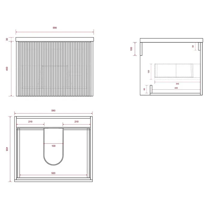 LOMAZOO Badmöbel-Set MES-RIB-WW-60 - Gesamtbreite Badmöbel: 60 cm, Nussbaum - Technische Zeichnung eines Badunterschranks mit Vorder-, Ober- und Seitenansicht, Maßen und Sanitär-Ausschnitt.