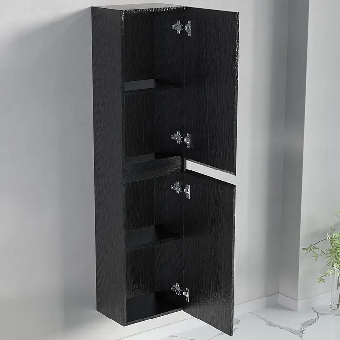LOMAZOO Badmöbel-Set BMSET-80-ZE-WZ - Gesamtbreite Badmöbel: 80 cm, Schwarzeiche - Hoher schwarzer Wandschrank mit Holzmaserung, an der Wand montiert. Türen offenbaren Innenregale.