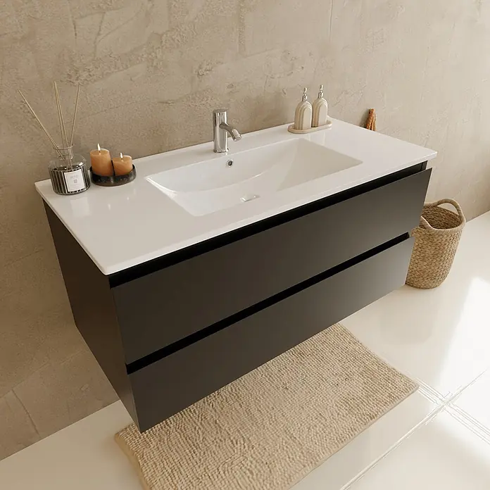 LOMAZOO Badmöbel-Set LM-VER-MZ-WW-100 - Gesamtbreite Badmöbel: 100 cm, Mattschwarz - Schwarzer wandmontierter Badschrank mit integriertem weißen Waschbecken und Arbeitsplatte im Badezimmer.