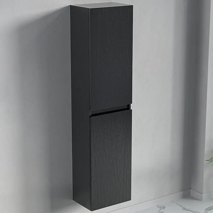 LOMAZOO Badmöbel-Set BMSET-100-MZ-WZ - Gesamtbreite Badmöbel: 100 cm, Mattschwarz - Dunkelgrauer wandhängender Hochschrank mit Holzmaserung und zwei Fächern.