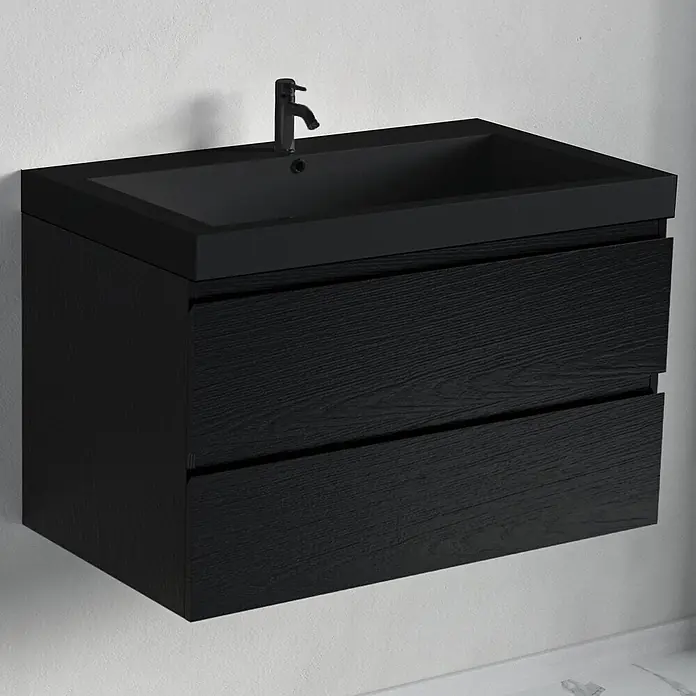LOMAZOO Badmöbel-Set BMSET-80-ZE-WZ - Gesamtbreite Badmöbel: 80 cm, Schwarzeiche - Schwarzer wandmontierter Waschtisch mit integriertem Waschbecken und zwei strukturierten Schubladen, inklusive schwarzer Armatur.