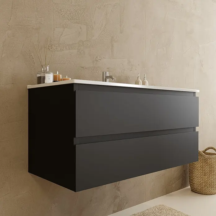 LOMAZOO Badmöbel-Set LM-VER-MZ-WW-100 - Gesamtbreite Badmöbel: 100 cm, Mattschwarz - Dunkelgrauer wandhängender Badezimmerschrank mit zwei Schubladen und weißem Waschbecken.