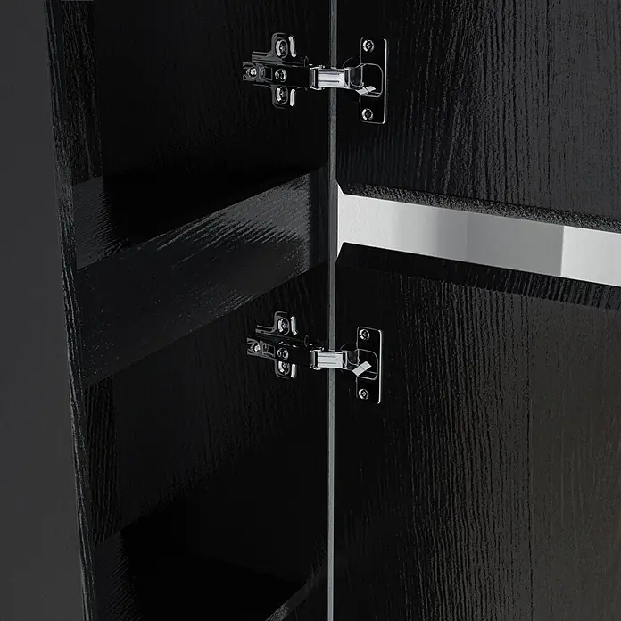 LOMAZOO Badmöbel-Set BMSET-80-ZE-WZ - Gesamtbreite Badmöbel: 80 cm, Schwarzeiche - Schwarzer strukturierter Schrankinnenraum mit Regalen und glänzenden Metallscharnieren.