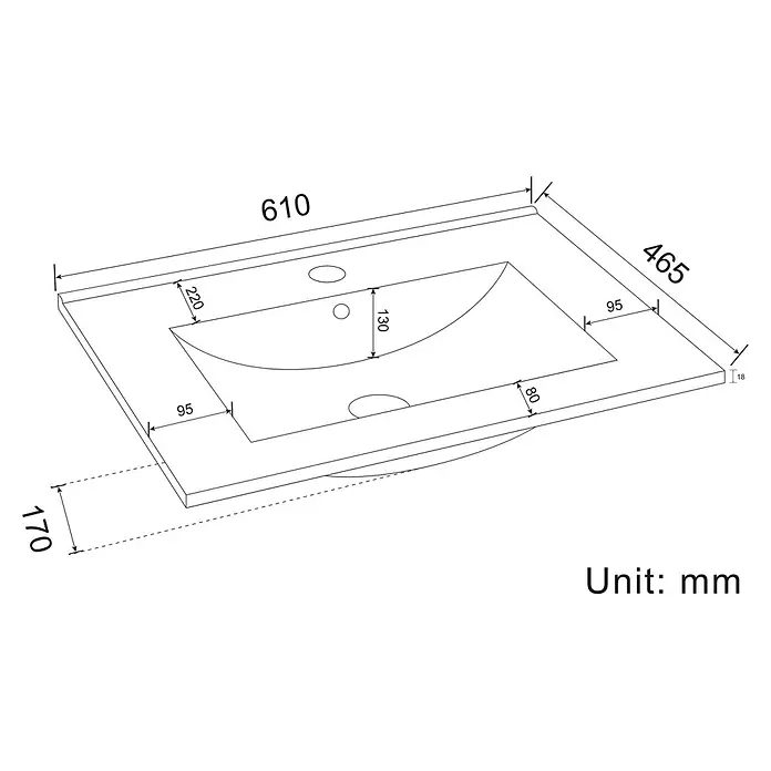LOMAZOO Badmöbel-Set LM-MAR-WE-WZ-60 - Gesamtbreite Badmöbel: 60 cm, Warme Eiche - Maßzeichnung eines rechteckigen Badezimmerwaschbeckens mit integriertem Becken, 610mm breit, 465mm tief.