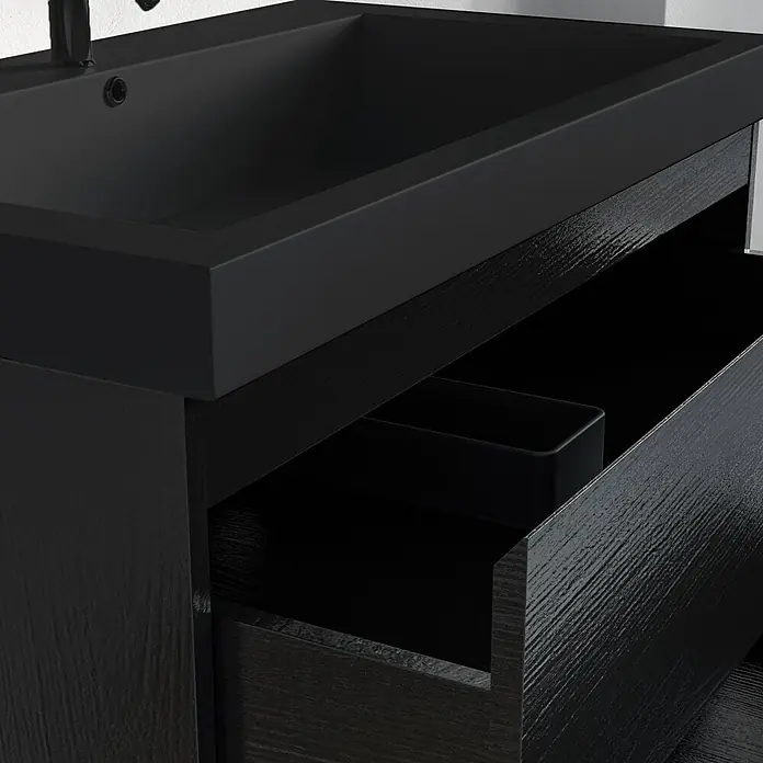 LOMAZOO Badmöbel-Set BMSET-80-ZE-WZ - Gesamtbreite Badmöbel: 80 cm, Schwarzeiche - Schwarzer Badezimmer-Waschtisch mit integriertem Waschbecken und offener Schublade, dunkle Holzmaserung.