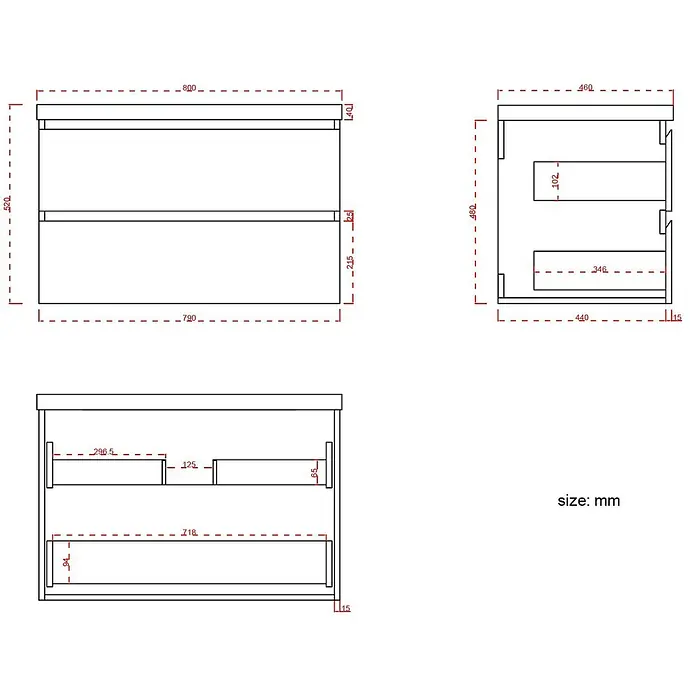 LOMAZOO Badmöbel-Set BMSET-80-MZ-WZ - Gesamtbreite Badmöbel: 35 cm, Mattschwarz - Technischer Plan eines wandmontierten Schubladenschranks mit zwei Schubladen, zeigt Vorder-, Seiten- und Innenmaße in Millimetern.