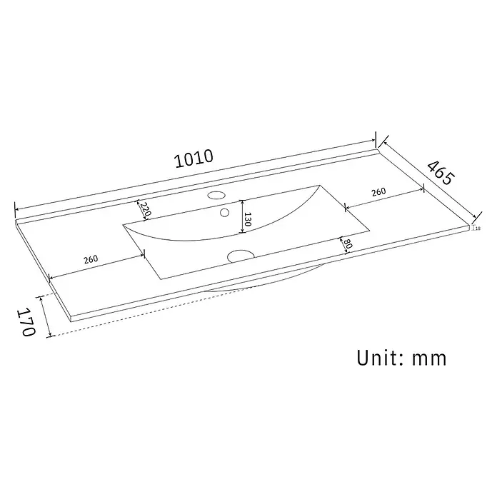 LOMAZOO Badmöbel-Set LM-MAR-WE-WZ-100 - Gesamtbreite Badmöbel: 100 cm, Warme Eiche - Maßzeichnung einer Badezimmer-Waschtischplatte mit integriertem Waschbecken, 1010x465x18mm, Gesamthöhe 170mm.
