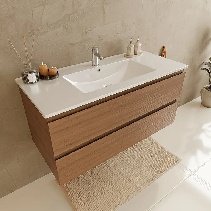 LOMAZOO Badmöbel-Set LM-MAR-WE-WW-100 - Gesamtbreite Badmöbel: 100 cm, Warme Eiche - Wandhängender Badschrank aus Holz mit zwei Schubladen und integriertem weißem Waschbecken.