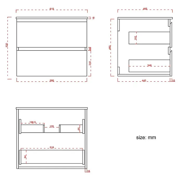 LOMAZOO Badmöbel-Set LM-MAR-WE-WZ-60 - Gesamtbreite Badmöbel: 60 cm, Warme Eiche - Technische Zeichnung eines Schranks mit zwei Schubladen, zeigt Vorder-, Seiten- und Innenmaße.