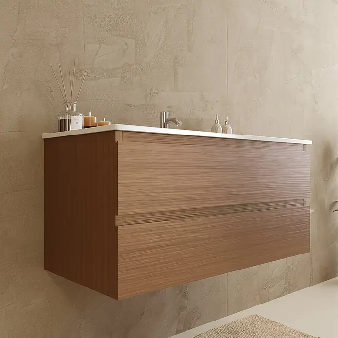 LOMAZOO Badmöbel-Set Verona 100 cm Eiche warm, Waschbecken Weiß -  - Wandmontierter Waschtischunterschrank aus Holz mit zwei Schubladen und weißer Arbeitsplatte.