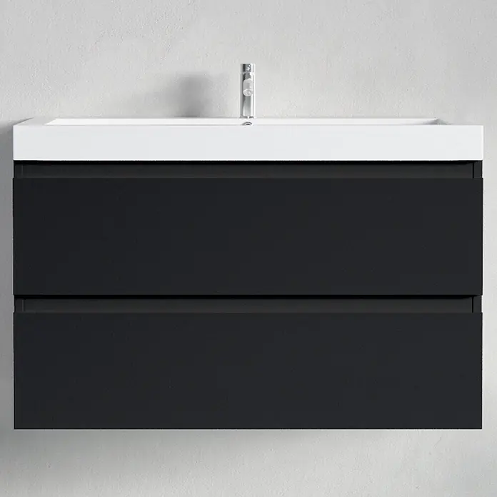 LOMAZOO Badmöbel-Set MON-MZ-WW-80 - Gesamtbreite Badmöbel: 80 cm, Mattschwarz - Wandhängender Waschtischunterschrank mit weißem Becken, Chromarmatur und schwarzem Zweischubladen-Schrank.