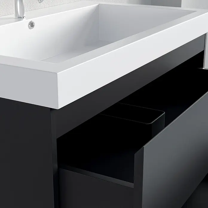 LOMAZOO Badmöbel-Set BMSET-80-MZ-WW - Gesamtbreite Badmöbel: 80 cm, Mattschwarz - Moderner schwarzer Badunterschrank mit integriertem weißen Waschbecken und offener Schublade mit schwarzem Organizer.