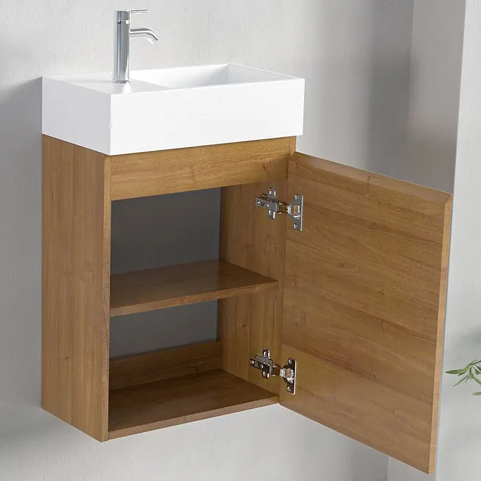 LOMAZOO Badmöbel-Set F01-30052-W - Gesamtbreite Badmöbel: 40 cm, Warme Eiche - Wandhängender Holzwaschtisch mit weißem Rechteckbecken, Chromarmatur und offener Schranktür mit zwei Regalböden.