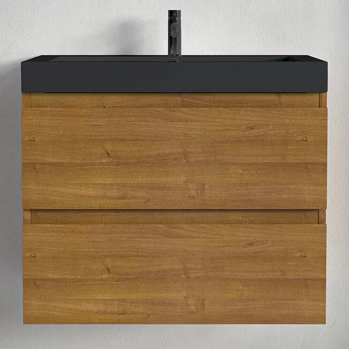 LOMAZOO Badmöbel-Set MON-WE-WZ-60 - Gesamtbreite Badmöbel: 60 cm, Warme Eiche - Schwarz abgedeckter, wandmontierter Waschtischunterschrank aus Holz mit zwei Schubladen.