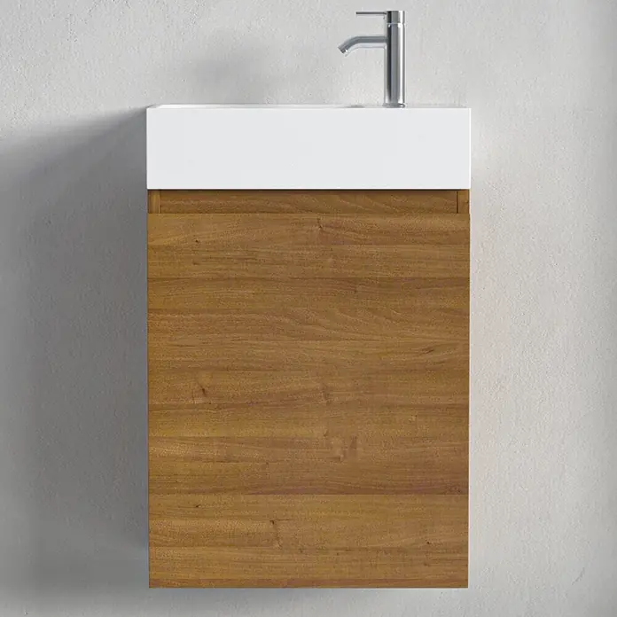 LOMAZOO Badmöbel-Set F01-30052-W - Gesamtbreite Badmöbel: 40 cm, Warme Eiche - Wandhängender brauner Waschtischunterschrank aus Holz mit weißem integriertem Waschbecken und Chromarmatur.