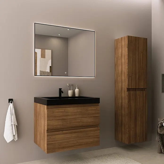 LOMAZOO Badmöbel-Set MON-WE-WZ-60 - Gesamtbreite Badmöbel: 60 cm, Warme Eiche - Modernes Badmöbel-Set aus Holz mit schwarzem Waschbecken, hohem Schrank und beleuchtetem Spiegel.