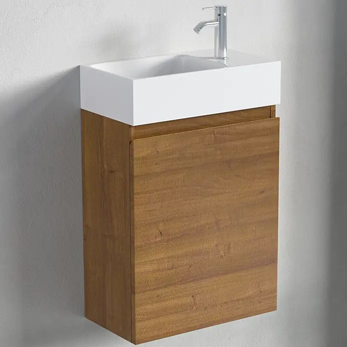 LOMAZOO Badmöbel-Set F01-30052-W - Gesamtbreite Badmöbel: 40 cm, Warme Eiche - Weißes Waschbecken auf einem wandmontierten Waschtischunterschrank aus Holz mit Armatur.