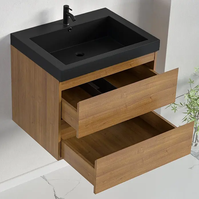 LOMAZOO Badmöbel-Set MON-WE-WZ-60 - Gesamtbreite Badmöbel: 60 cm, Warme Eiche - Wandmontierter Waschtisch mit schwarzem Waschbecken, Armatur und Holzschrank mit zwei geöffneten Schubladen.
