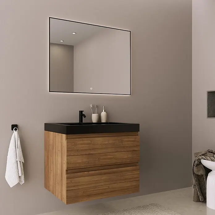 LOMAZOO Badmöbel-Set MON-WE-WZ-60 - Gesamtbreite Badmöbel: 60 cm, Warme Eiche - Moderner Waschtisch aus Holz mit schwarzem Waschbecken und Armatur, unter beleuchtetem Spiegel.
