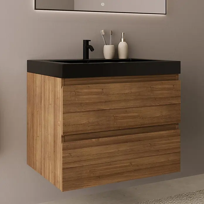 LOMAZOO Badmöbel-Set MON-WE-WZ-60 - Gesamtbreite Badmöbel: 60 cm, Warme Eiche - Wandhängender Holz-Badezimmerschrank mit schwarzem integriertem Waschbecken und Arbeitsplatte.