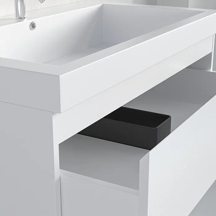 LOMAZOO Badmöbel-Set BMSET-80-GW-WW - Gesamtbreite Badmöbel: 80 cm, Glänzend weiß - Weißer Badunterschrank mit integriertem Waschbecken und offener Schublade mit schwarzem Organizer.