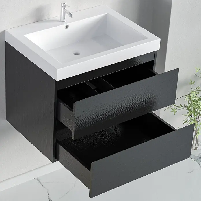 LOMAZOO Badmöbel-Set MON-ZE-WW-60 - Gesamtbreite Badmöbel: 60 cm, Schwarzeiche - Wandhängender schwarzer Waschtisch mit weißem Waschbecken und zwei geöffneten Schubladen.