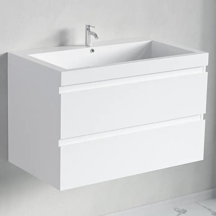 LOMAZOO Badmöbel-Set BMSET-80-GW-WW - Gesamtbreite Badmöbel: 80 cm, Glänzend weiß - Weißer wandhängender Waschtischunterschrank mit integriertem Waschbecken, Chromarmatur und zwei Schubladen.