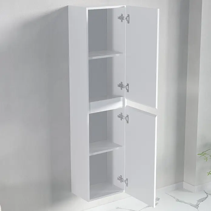 LOMAZOO Badmöbel-Set BMSET-60-GW-WW - Gesamtbreite Badmöbel: 60 cm, Glänzend weiß - Weißer Wandschrank mit zwei offenen Türen, der interne Regale zeigt.